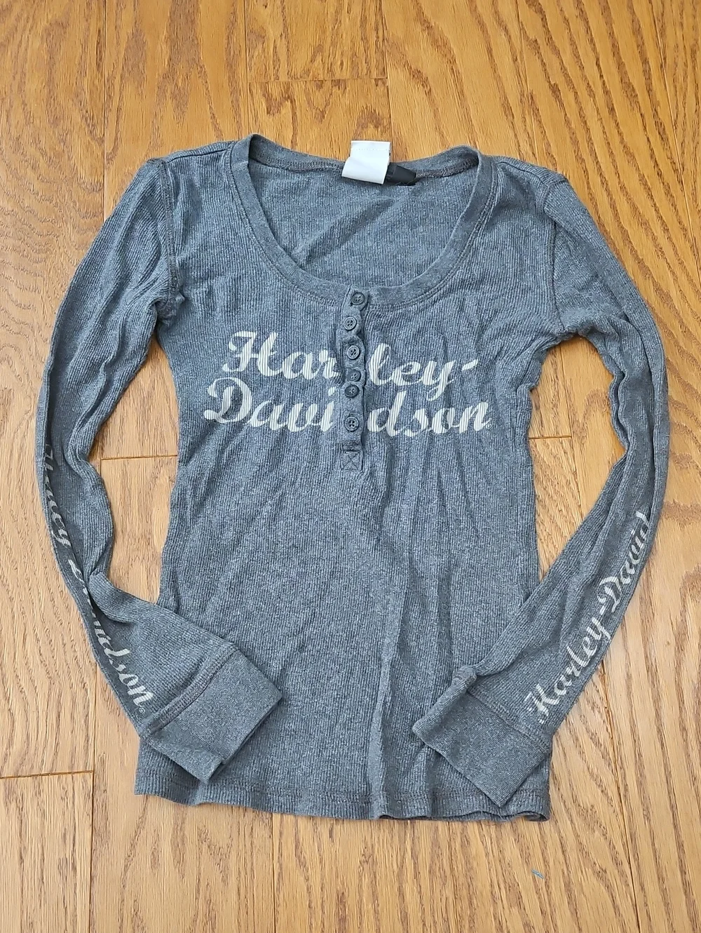 Vintage Y2K Harley Davidson Heather Gray Thermal Henley Long Sleeve Top XS